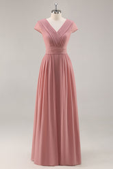 Dusty Rose Langes Chiffon V-Ausschnitt Brautjungfernkleid mit Rüschen und Drapierung